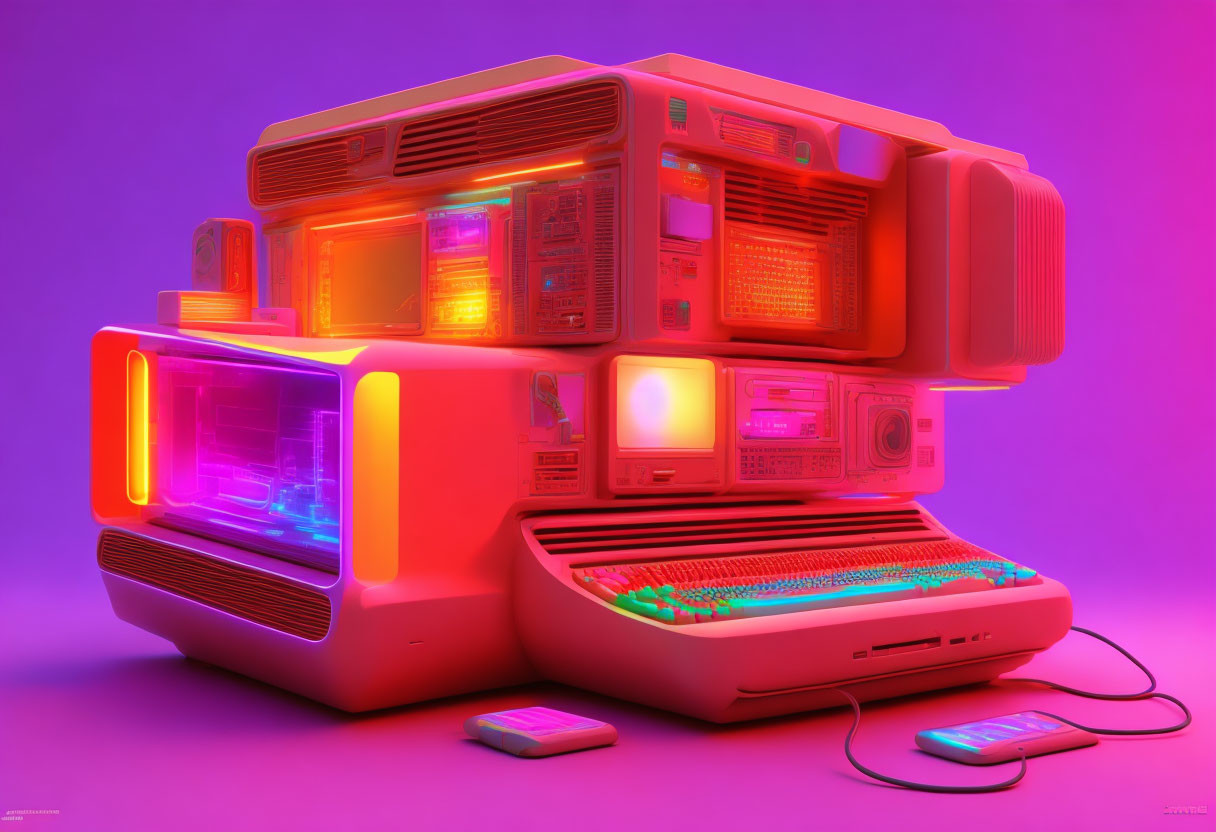 Colorful 3D illustration of retro electronics with neon keyboard