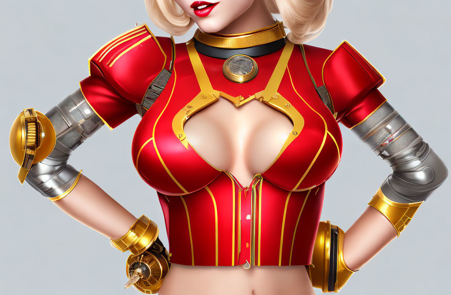 Futuristic woman in red and gold armor with mechanical gauntlets