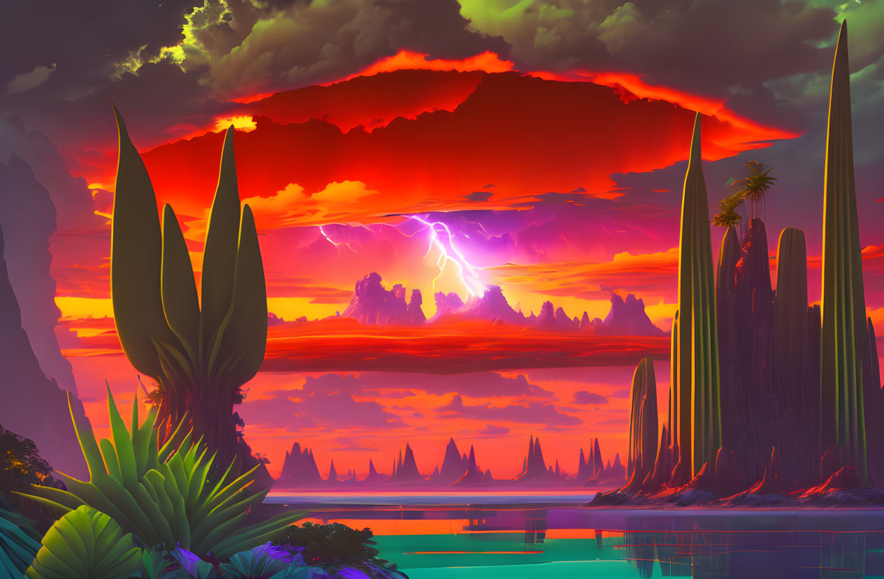 Surreal landscape digital artwork with fiery sunset sky