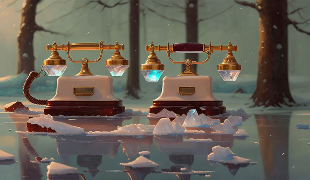 Vintage telephones with glowing liquid on icy surface in snowy landscape