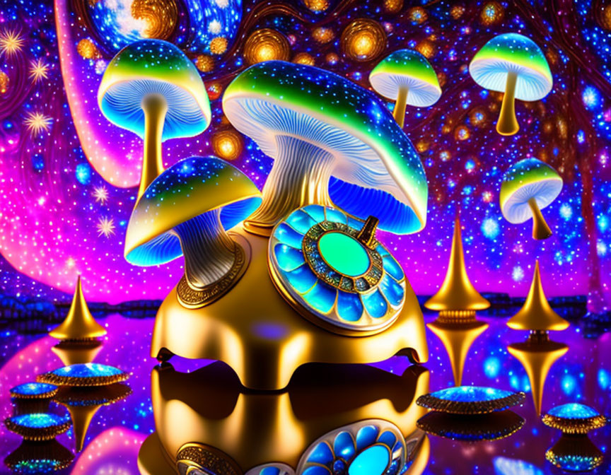 Colorful psychedelic artwork: Golden skull with mushrooms and jewels in vibrant fractal scene.