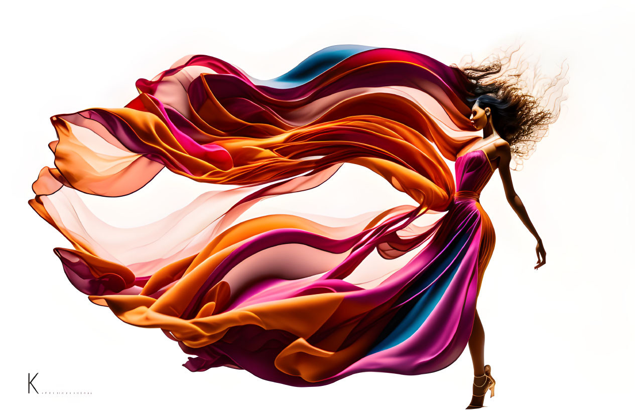 Colorful Woman Illustration in Flowing Dress Against White Background