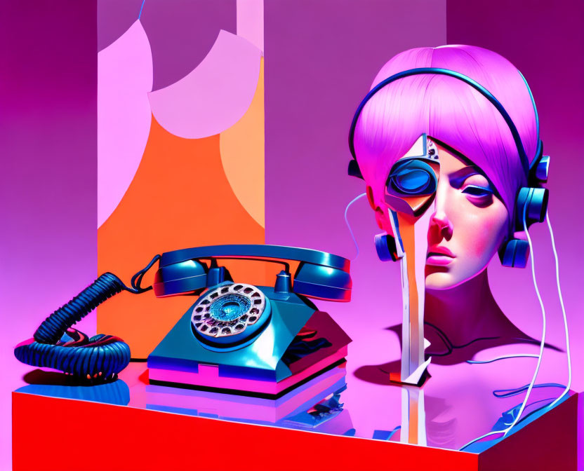 Colorful 3D digital art: Female figure with pink hair and headphones beside retro telephone