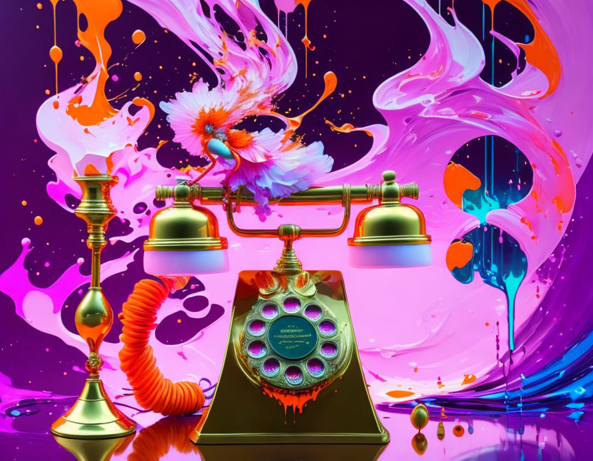 Colorful Vintage Telephone with Paint Splashes on Dynamic Background