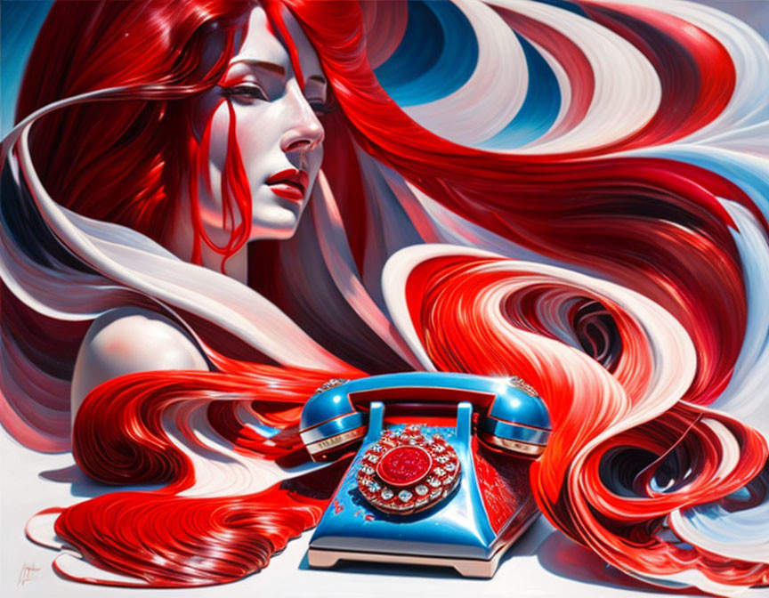 Colorful Artwork: Woman with Red Hair and Rotary Telephone