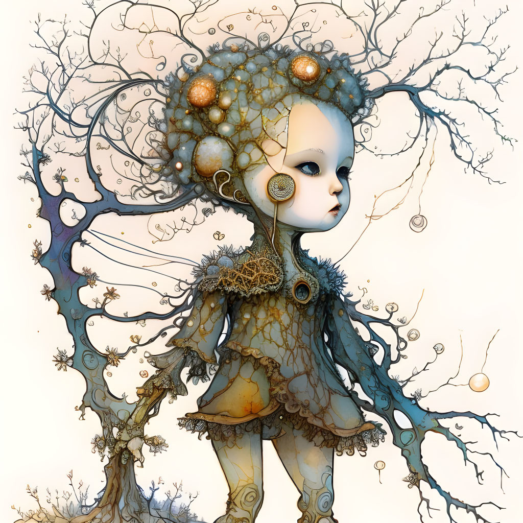 Surreal humanoid figure with tree-like features in earthy tones