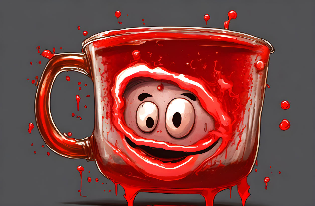 Cheerful animated cup with red liquid splatter on gray background