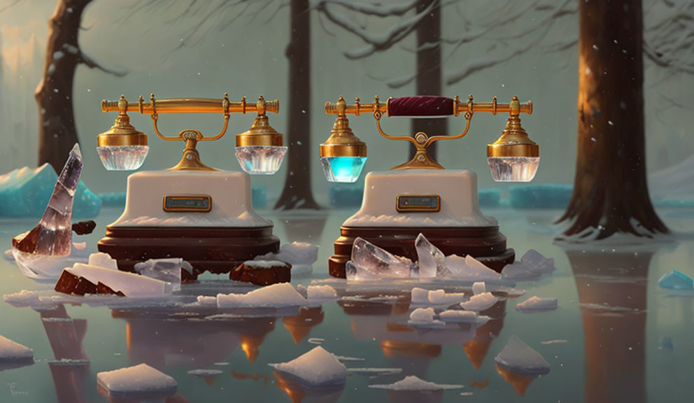 Vintage scales in snowy forest with melting ice, holding blue crystal and water orb