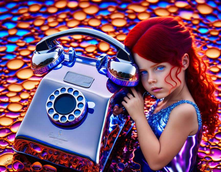 Vibrant illustration: red-haired girl with retro phone on colorful background