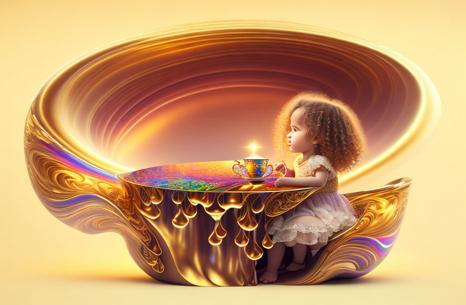 Curly-Haired Girl in Surreal Golden Cup with Glowing Smaller Cup