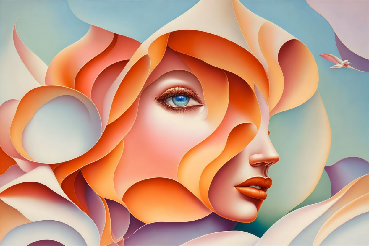 Detailed woman's face with abstract orange floral patterns and bird.