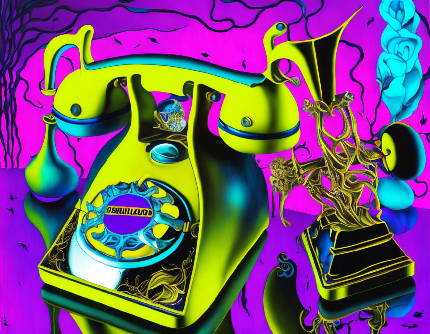 Colorful Surrealist Artwork with Distorted Vintage Telephone