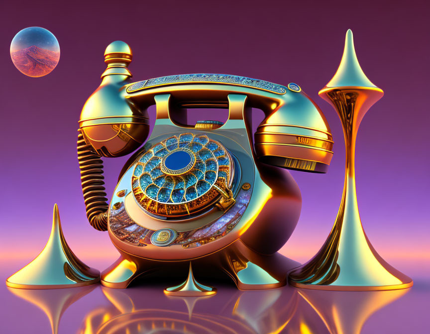 Futuristic gold telephone on purple backdrop with distant planet