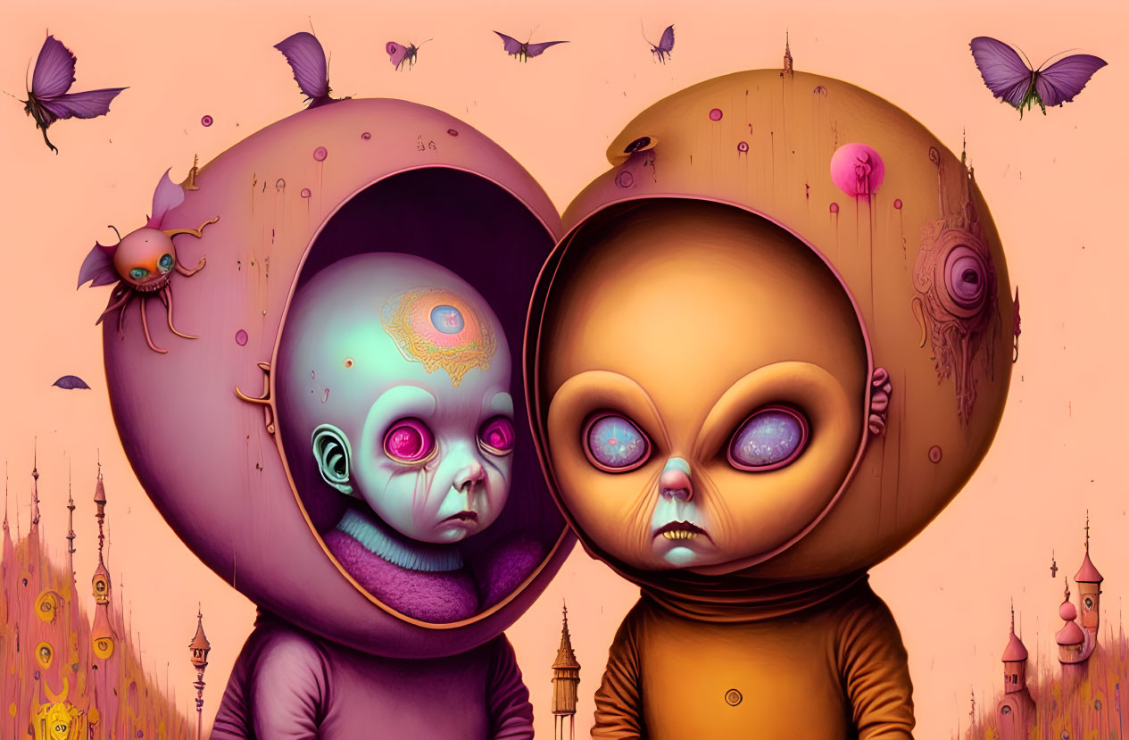 Surreal alien landscape with stylized characters and whimsical elements