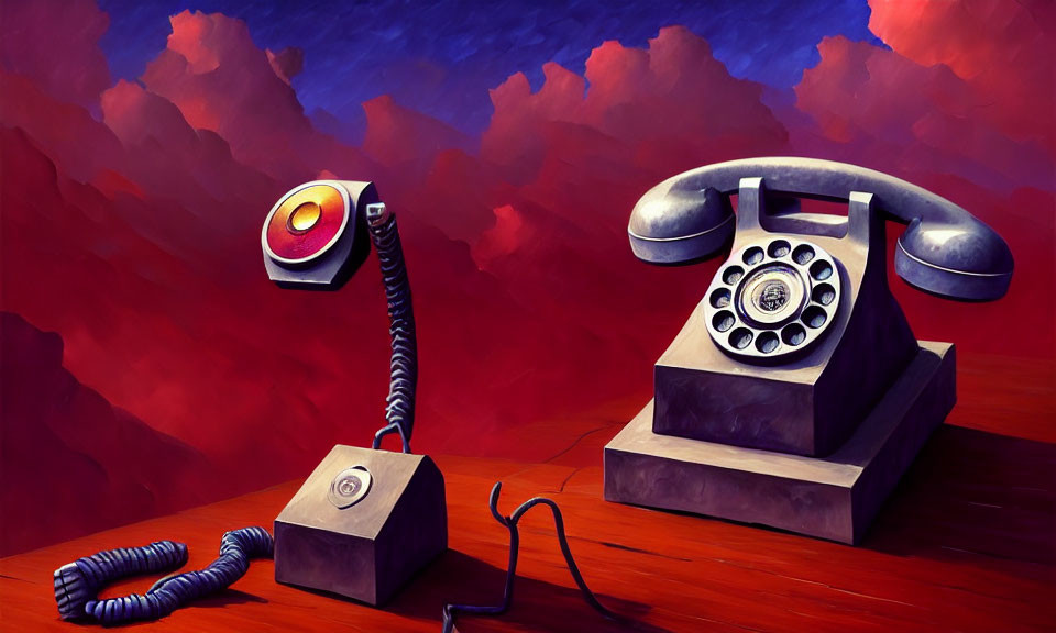 Stylized artwork featuring vintage telephones on red-orange background