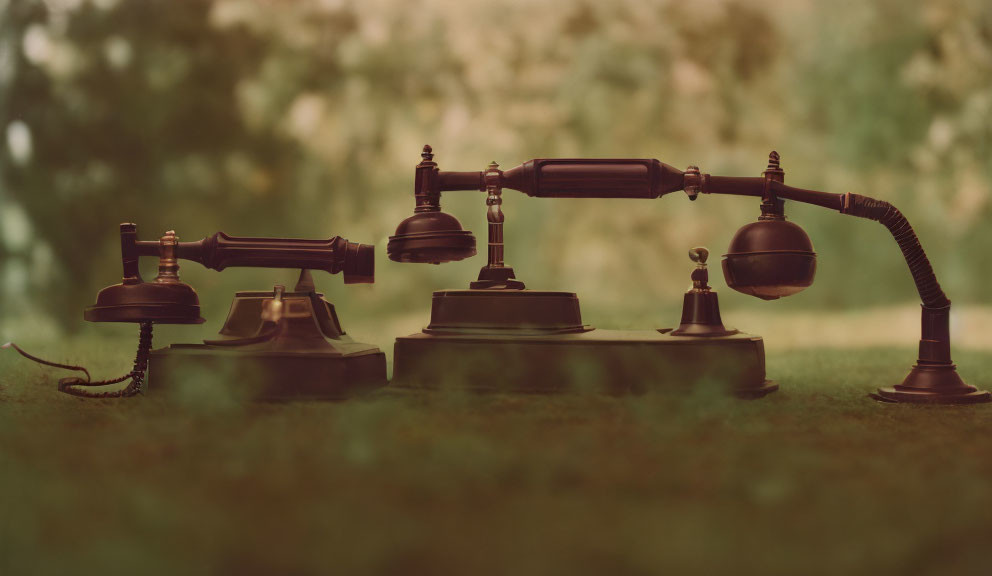 Vintage Candlestick Telephones Connected by Handset on Blurred Green Background