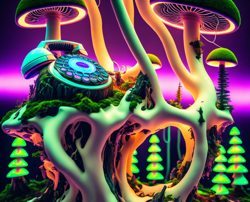 Neon-glowing mushroom structures in surreal digital artwork