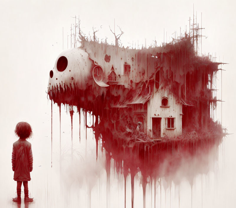 Child gazes at floating skull island with eerie house and bare trees in red foggy scene