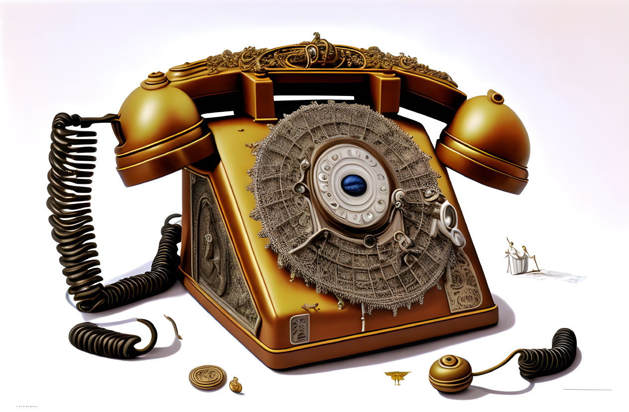 Vintage Gold-Colored Ornate Telephone with Gears and Human Figures