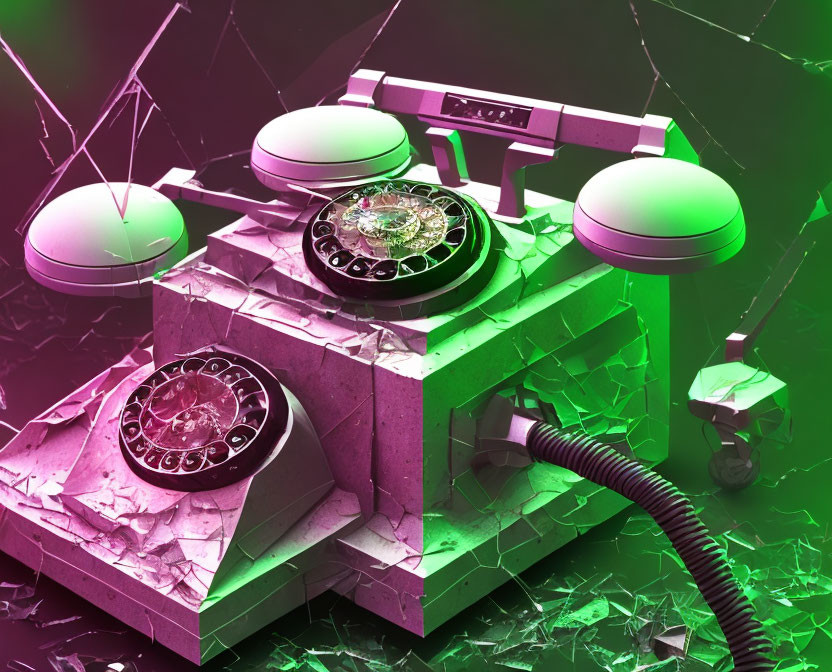 Surreal digital art: Vintage rotary phones with geometric shapes in neon green and purple setting