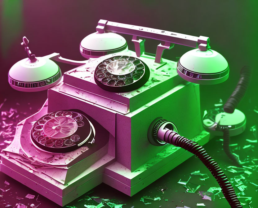 Dusty rotary telephones with cobwebs, one handset off cradle, in green and purple light