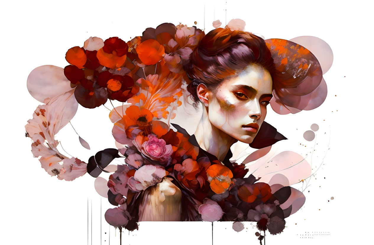 Colorful Abstract Floral Arrangement Surrounding Woman's Head