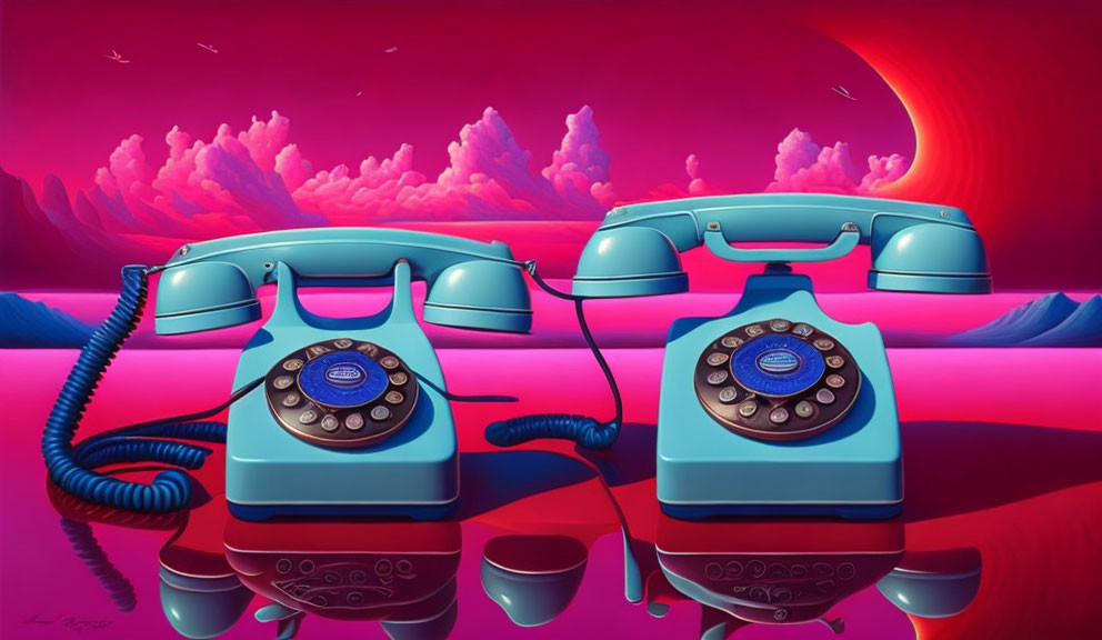 Vintage Blue Rotary Phones Connected in Surreal Landscape