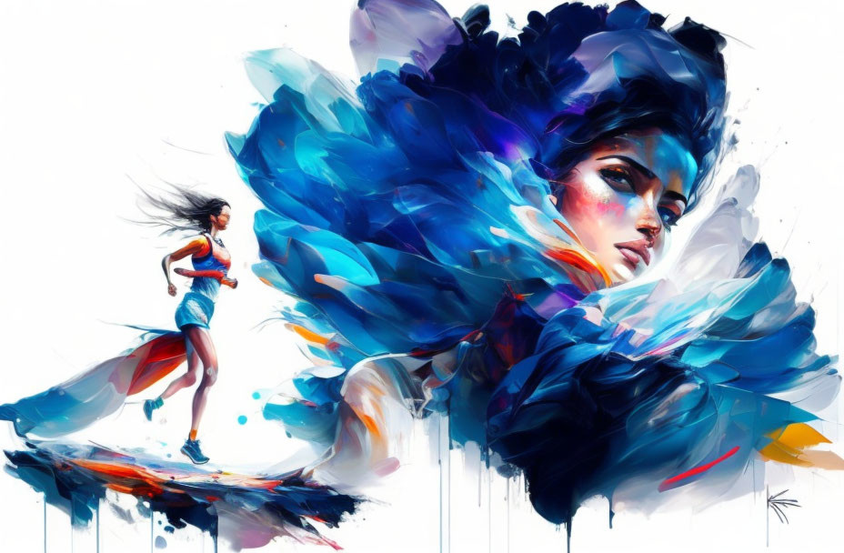 Colorful digital painting: Runner merging with abstract feathers profile