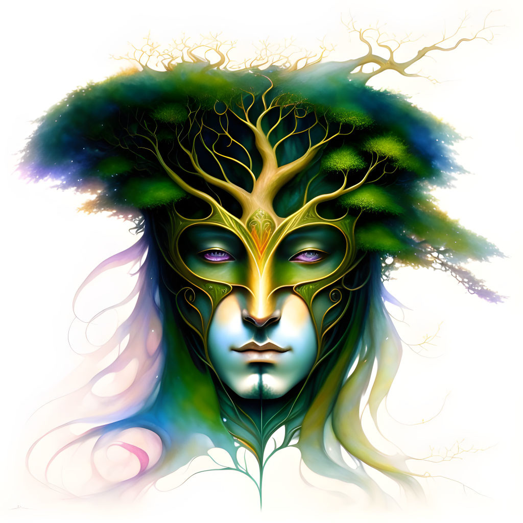 Colorful surreal illustration: face with tree branches and leaves