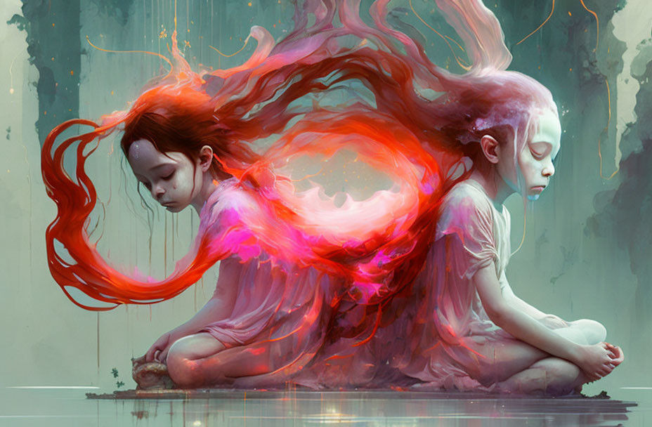 Two girls with flowing hair creating nebula cloud art.