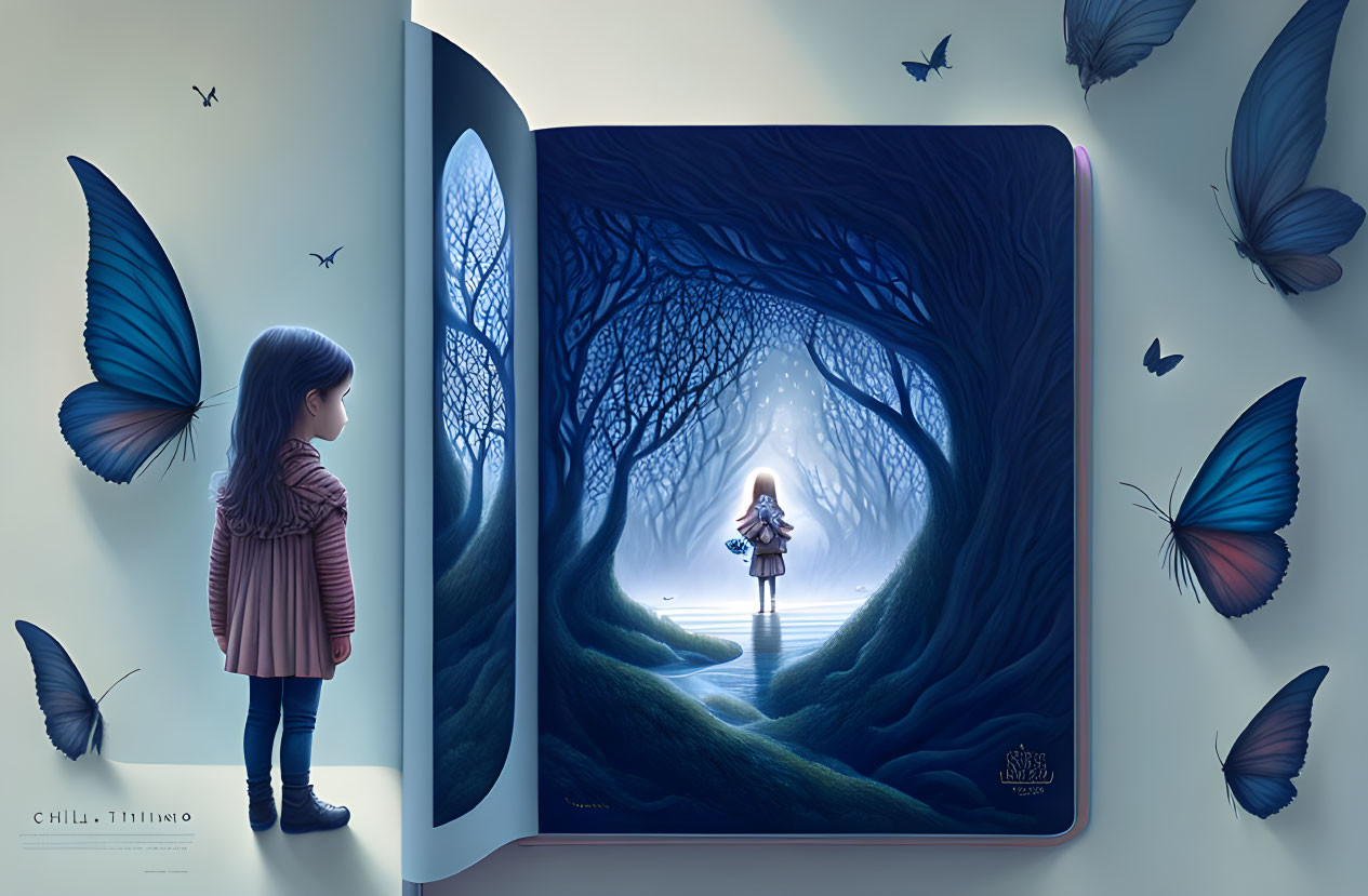 Girl standing before open book with ethereal forest scene and vivid blue butterflies.