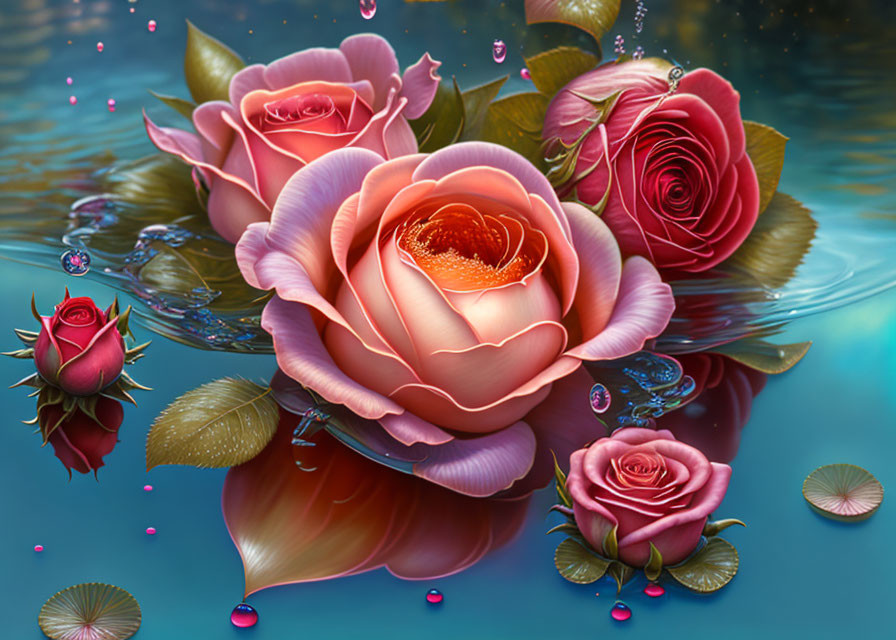 Colorful roses and dew drops in water with green leaves on a blue background