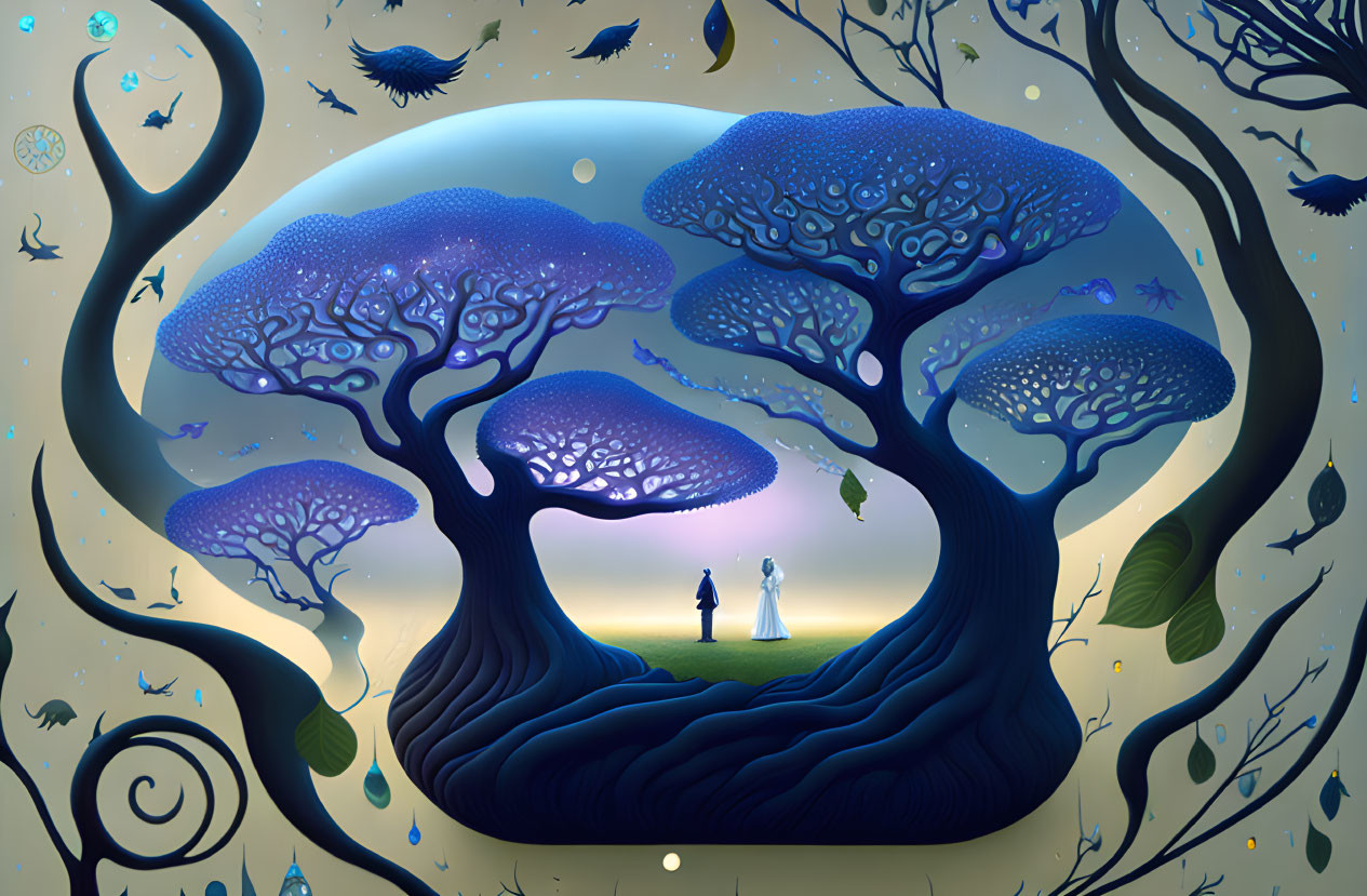 Vibrant, whimsical illustration of figures under luminescent trees