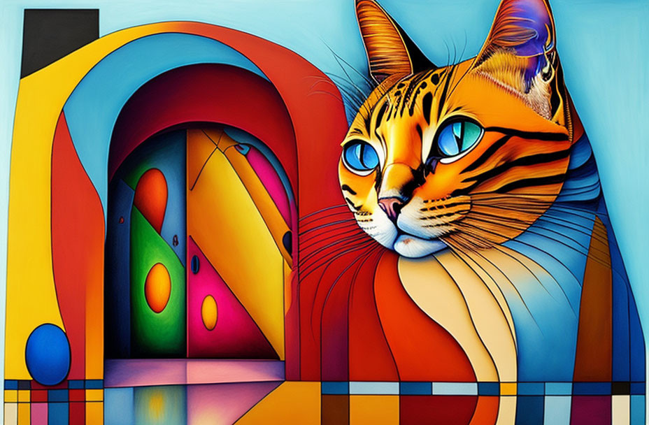 Vibrant large cat painting with abstract geometric background