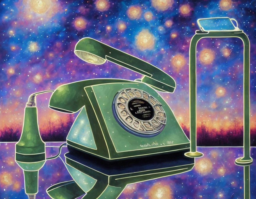 Vintage Rotary Phone and Desk Lamp Against Colorful Cosmic Background