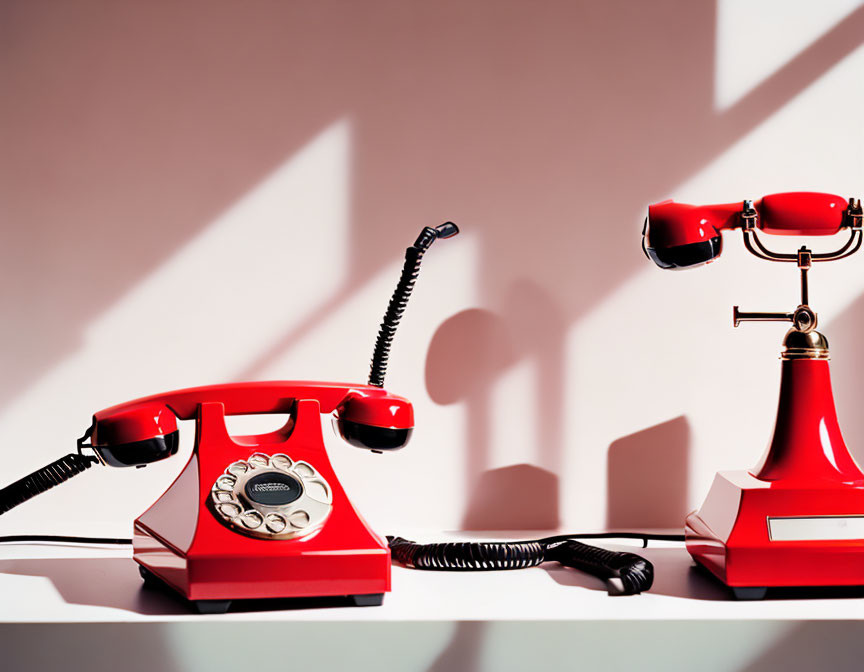 Vintage Red Rotary Telephone with Handset Off Hook in Dramatic Lighting