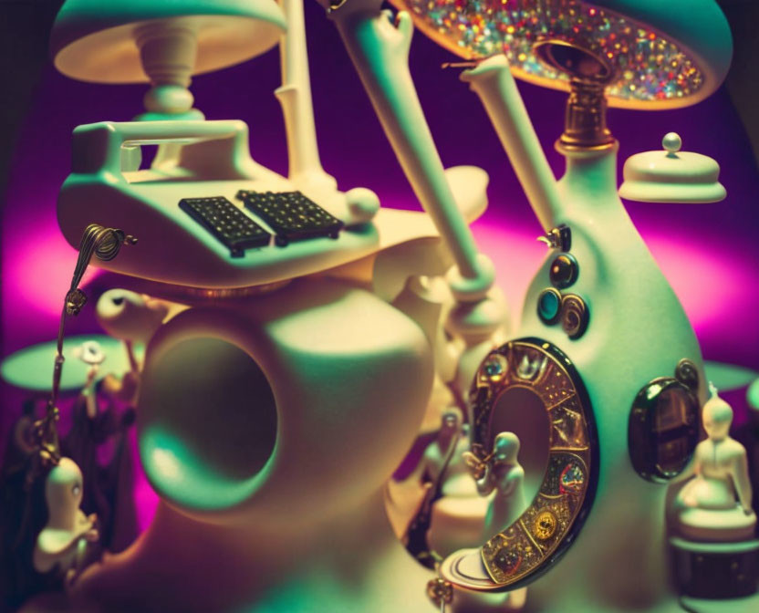 Colorful whimsical machine with typewriter and surreal embellishments on purple backdrop