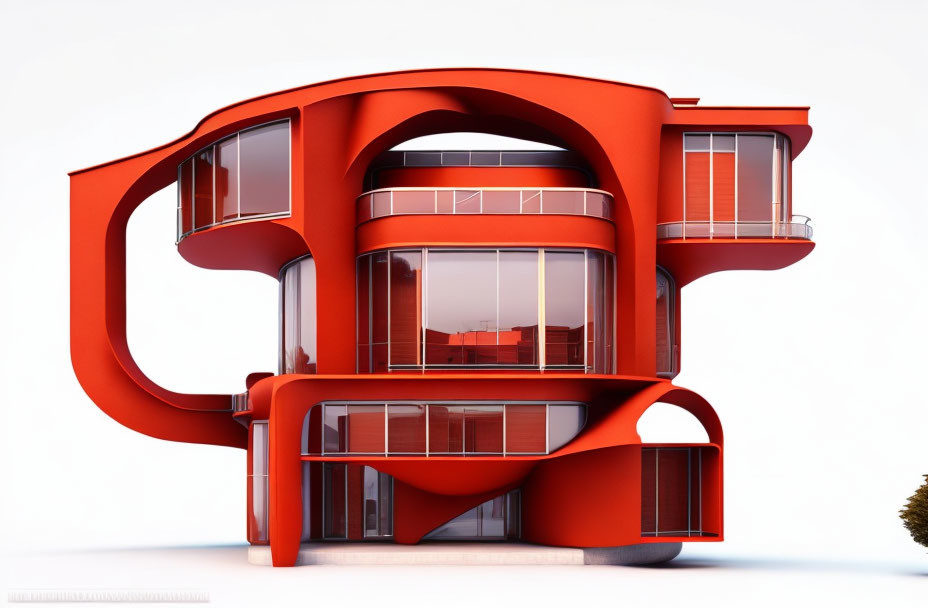 Unique Futuristic Red House with Curvilinear Architecture and Glass Balustrades