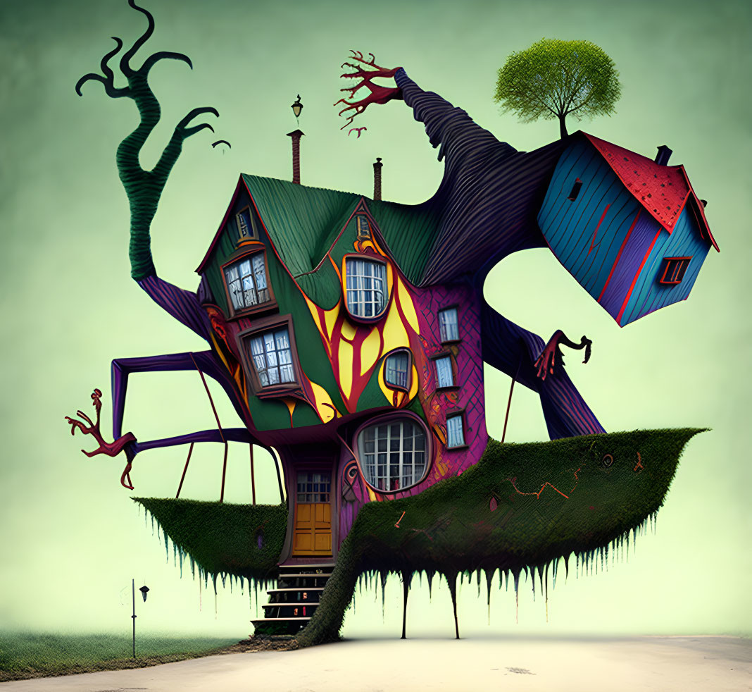 Colorful anthropomorphic house illustration with tree, green background