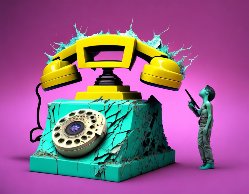 Surreal image of exploding yellow telephone and modern smartphone beside figure