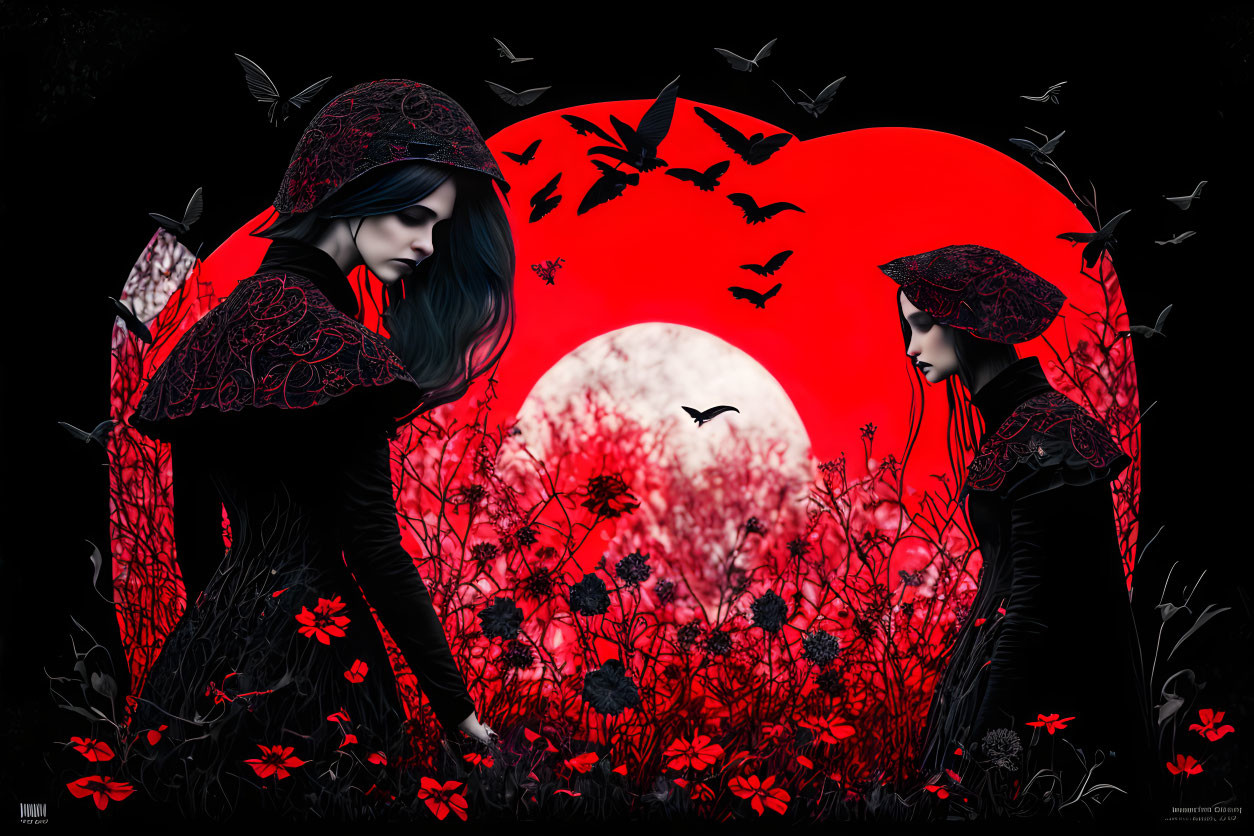 Mirrored gothic figures in black dresses among red flowers and birds under red moon