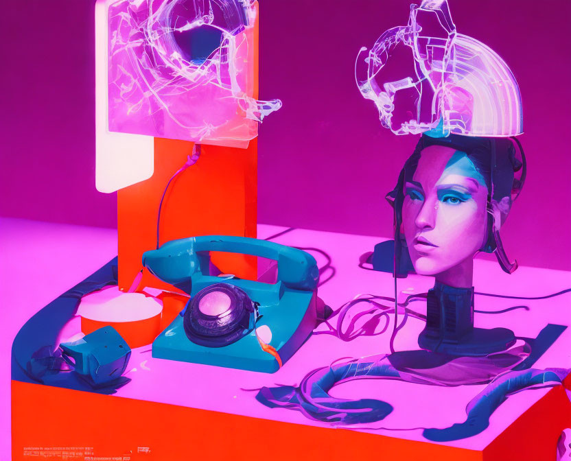 Colorful Still Life with Retro Phone, Headsets, and Mannequin Head on Purple Background