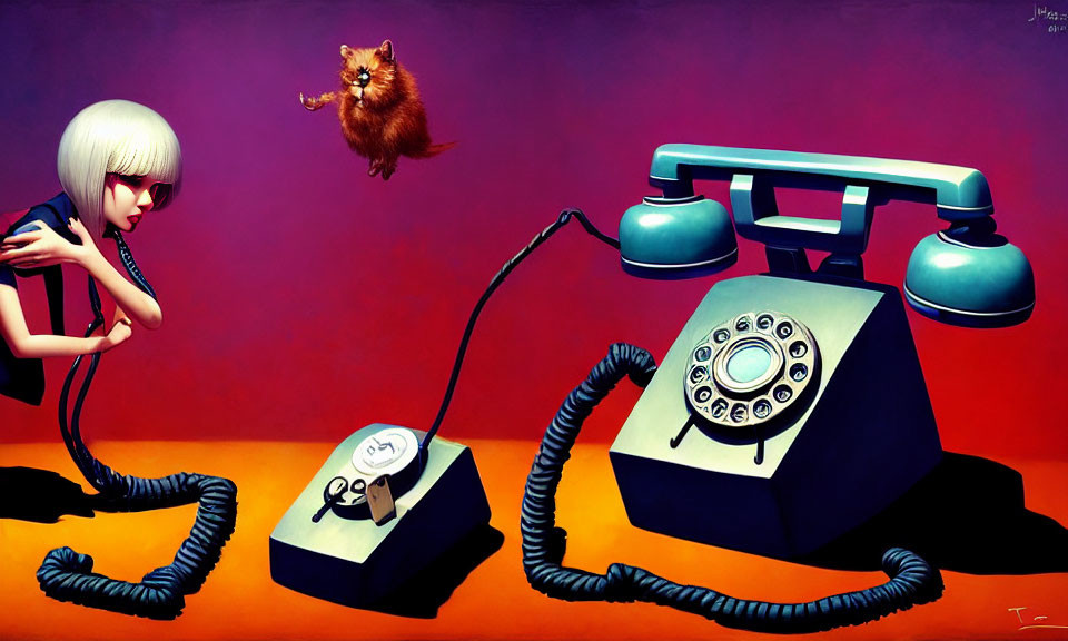 Stylized artwork of girl with white hair and flying cat on vintage phones