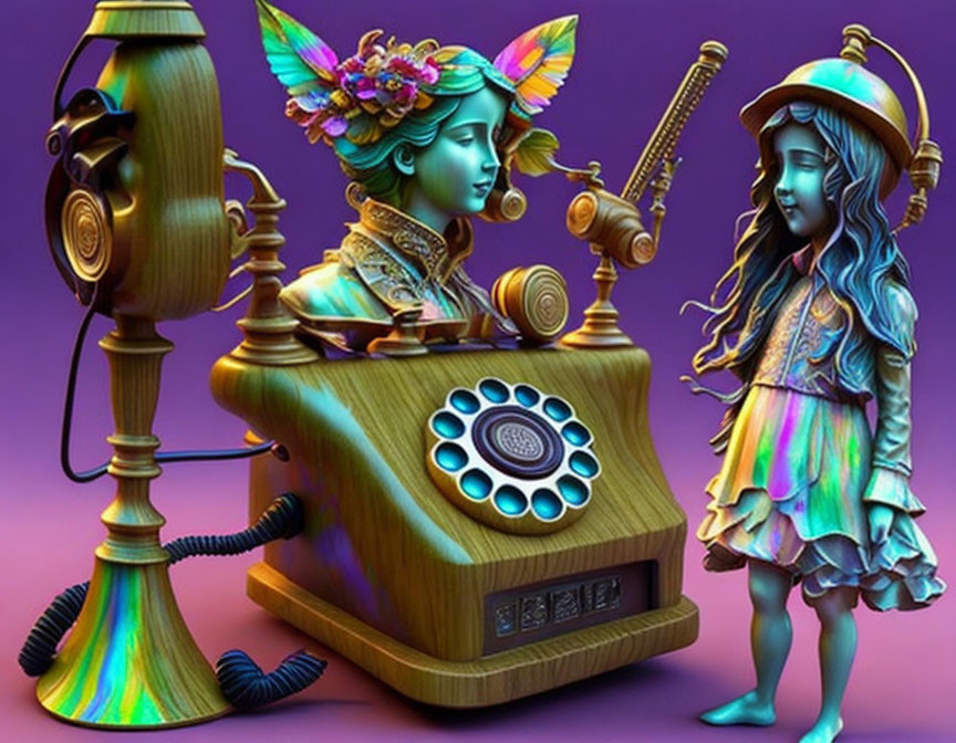 Colorful digital artwork of vintage telephone and whimsical figurines