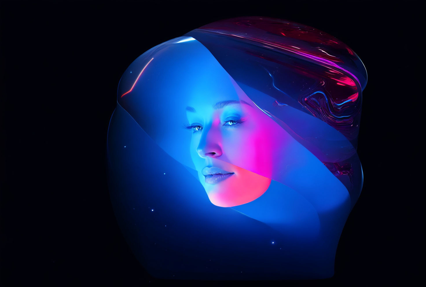 Vibrant blue and pink abstract digital art of a woman's face