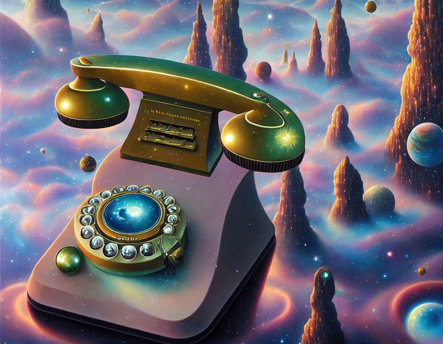 Vintage Telephone Floating in Cosmic Landscape with Sparkling Jewels