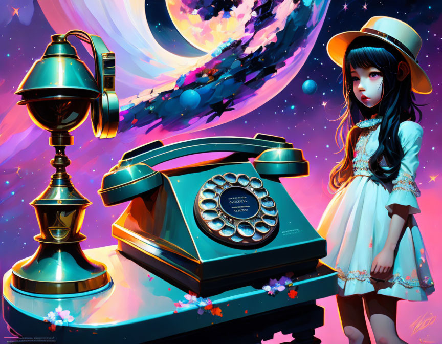 Vintage Attire Animated Girl Beside Old-Fashioned Telephone in Cosmic Setting