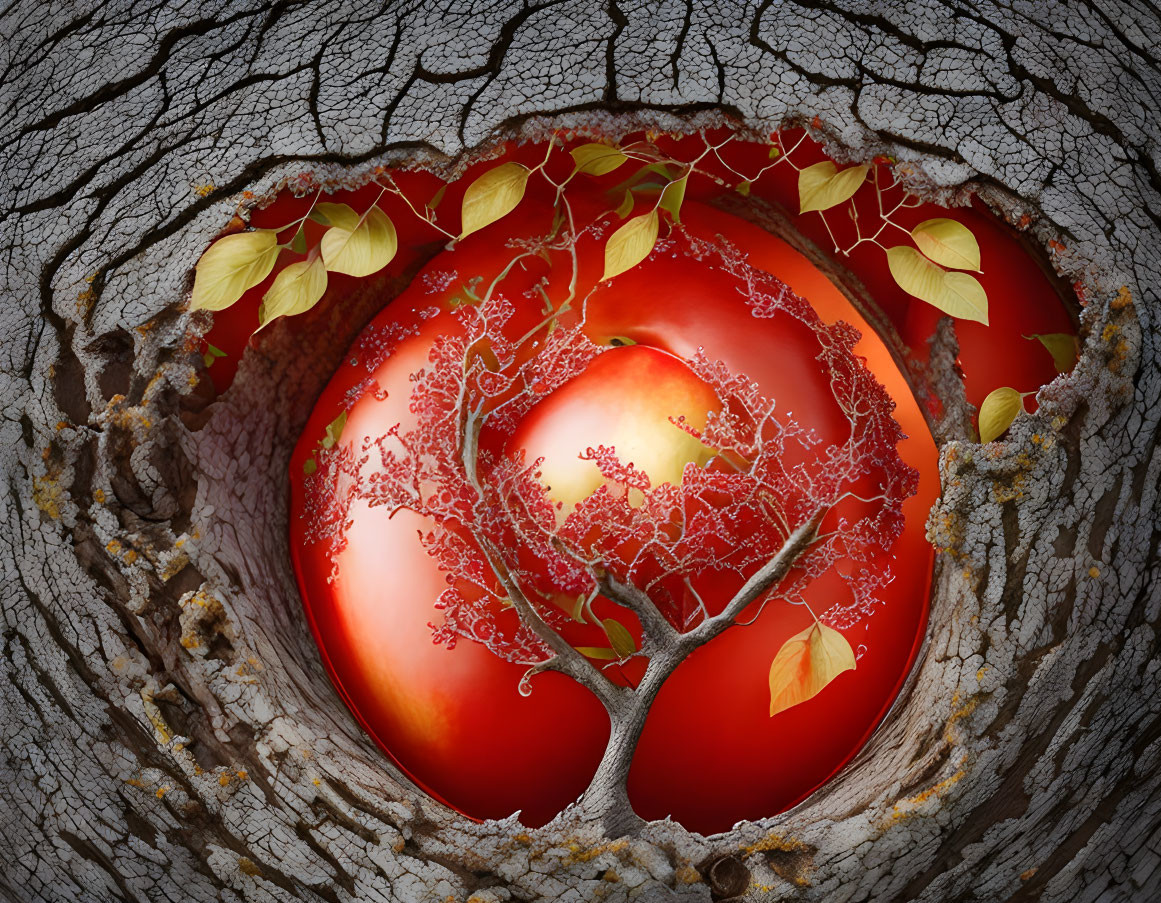 Vibrant red apple with tree silhouette in circular hole on tree bark.