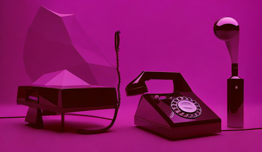 Monochromatic purple image with vintage phone and geometric sculpture