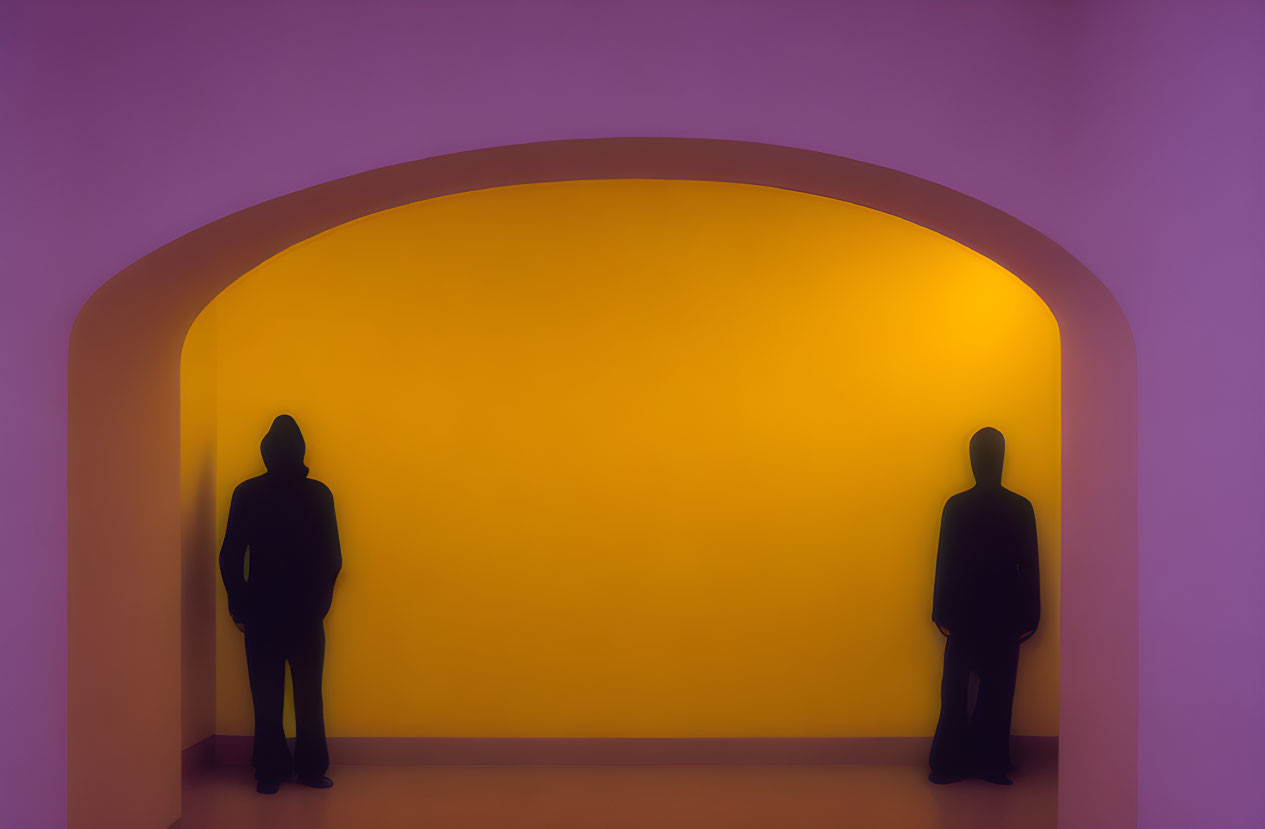 Silhouetted figures against vibrant yellow backdrop and purple archway